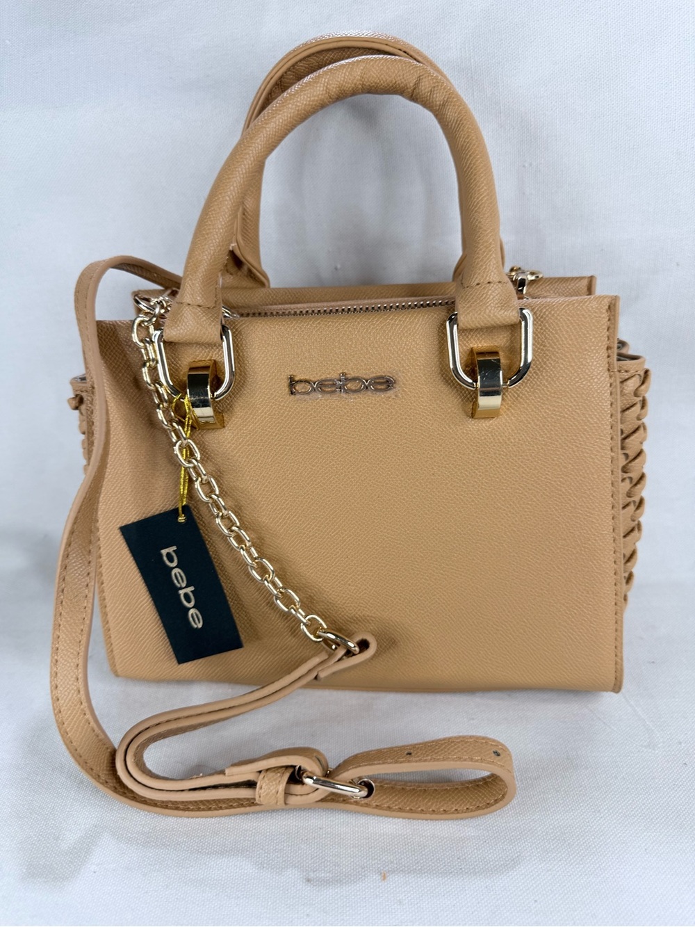 bebe Tan Structured Satchel Crossbody Bag with Woven Detail on the Side